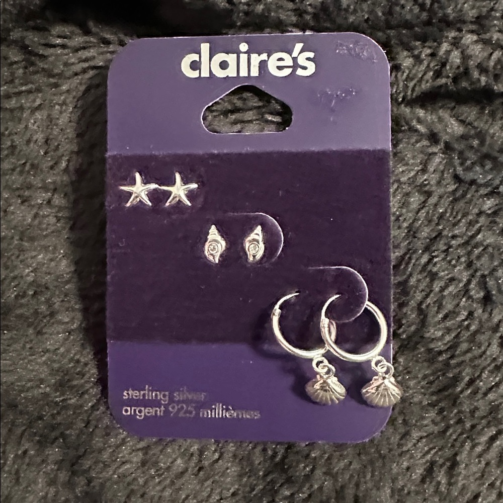 Claire’s Sterling Silver Beach Earrings (3 pairs on one card)